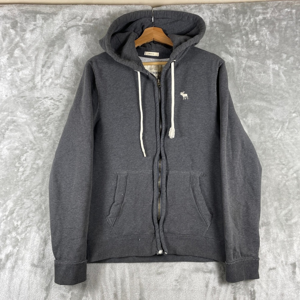 Abercrombie & Fitch Full Zip Hoodie Mens M Gray Muscle Fit Logo Sweatshirt